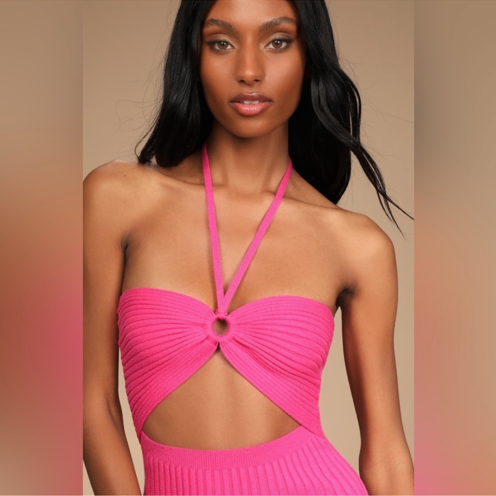 Lulu’s Hot Pink ribbed Midi dress with high side slit